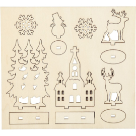 DIY houten (triplex) figuren bomen, sneeuwpop, kerk, sneeuwsterren en herten 57883