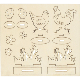 DIY houten (triplex) figuren kippen en bloemen 16,9 x 15,4 cm dikte 2 mm 57889