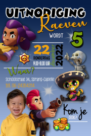 Kinderfeest uitnodiging Brawl Stars blauw,  met foto