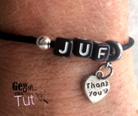 Armbandje voor de juf, in doosje met tekst, zwart