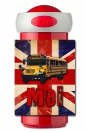 NIEUW!! Set broodtrommel en drinkbeker British Flag met Schoolbus en naam