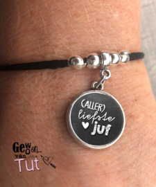 Armbandje voor de juf met tekstbedel, in doosje met tekst, lichtblauw