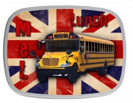 NIEUW!! Set broodtrommel en drinkbeker British Flag met Schoolbus en naam