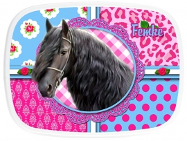 Broodtrommel Fries paard pink/turquoise Femke