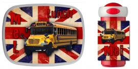 NIEUW!! Set broodtrommel en drinkbeker British Flag met Schoolbus en naam