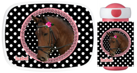 Set Mepal broodtrommel en drinkbeker paard op zwart/wit polkadot