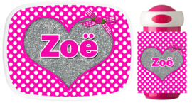 Set Mepal broodtrommel en beker hart op polkadot PINK