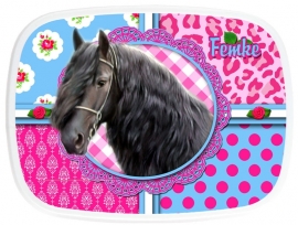 Broodtrommel Fries paard pink/turquoise Femke