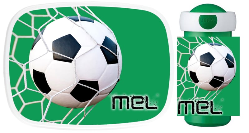 Set broodtrommel en drinkbeker Voetbal Goal! groen (Ontwerp beker klein of ronddruk?: ronddruk) | Ontwerpen Mepal Lunchbox / en bekers, voor de jongens | tutteleminka