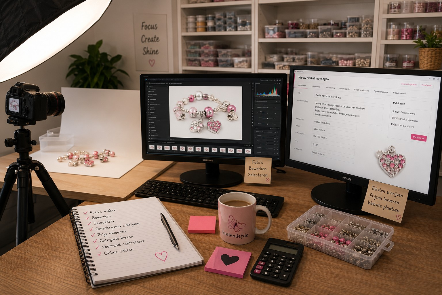 Foto’s maken, bewerken, omschrijvingen schrijven, prijzen invoeren en alles netjes op de website plaatsen.