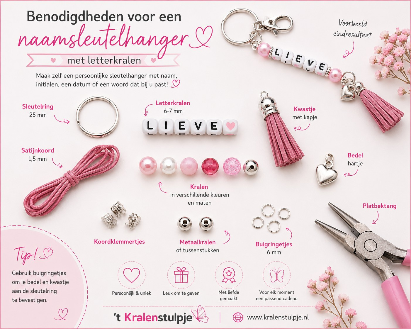 Benodigdheden voor een naamsleutelhanger met letterkralen