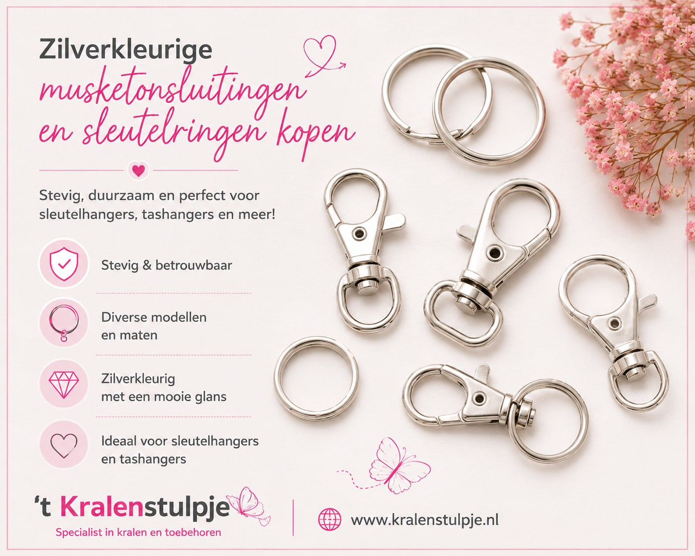 Zilverkleurige musketonsluitingen en sleutelringen kopen