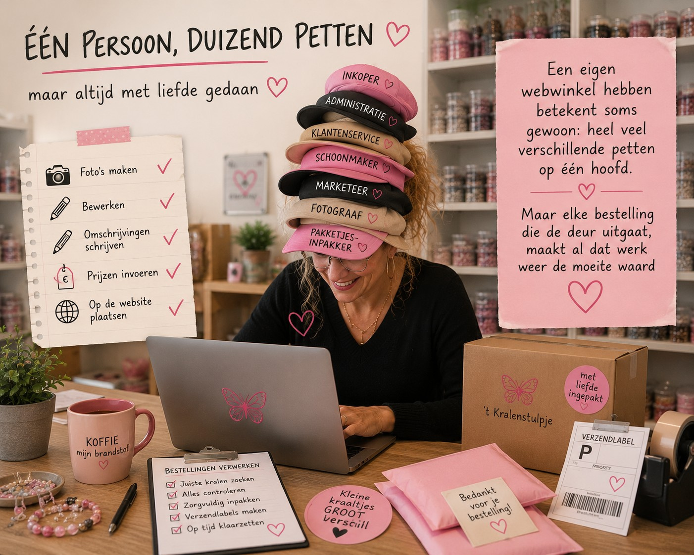 Een eigen webwinkel hebben betekent soms gewoon: heel veel verschillende petten op één hoofd.