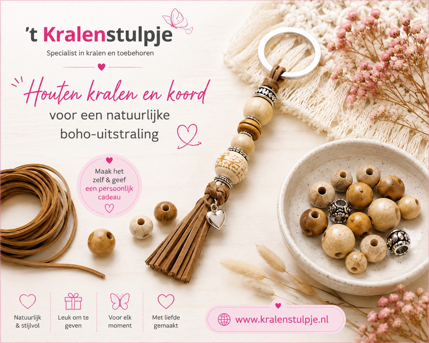 Houten kralen en koord voor een natuurlijke boho-uitstraling