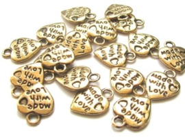 10 x Tibetaans zilveren made with love bedeltje 12,5mm x 10mm goud ♥ 