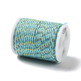 1 rol Metallic gevlochten koord – katoen/polyester mix – 1,5 mm – Pale Turquoise met goudkleurige draad – 4 meter