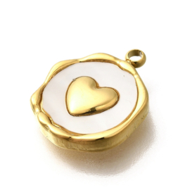 RVS 304 Ion Plating (ip) Bedel met schelp rond hartje wit, 18K goldplated 15,5 x 12,5 x 2,5mm oogje 1,5mm