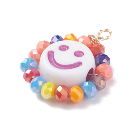 2 x Vrolijke smiley bedel met rondom kleurige facet glaskralen, diverse kleuren