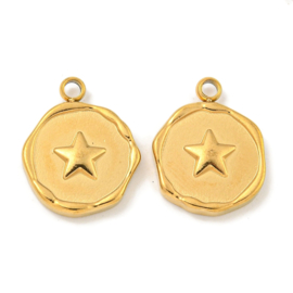 1 x Ion Plating (IP) RVS 304  Munt Bedeltje ster Real 18K Gold Plated, 16 x 12,5 x 2,5mm, oogje: 1,6mm