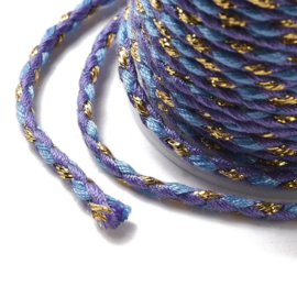 1 rol Metallic gevlochten koord – katoen/polyester mix – 1,5 mm – Medium Purple met goudkleurige draad – 4 meter
