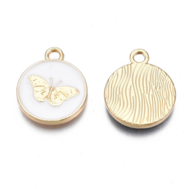 2 x Bedel emaille wit rond vlinder, licht goud kleur 18 x 15 x 2 oogje 2mm (Nikkelvrij)