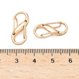 1 x Metalen dubbele S-karabijnhaak 20 x 9,5 x 5 mm – openingen 5,5 x 7,5 mm – licht goudkleur