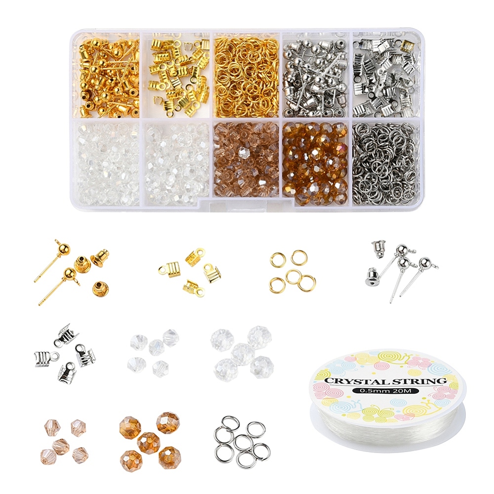 DIY sieraden maken set – bicone glaskralen, metalen onderdelen en elastisch draad – gemixte kleuren – inclusief opbergdoosje