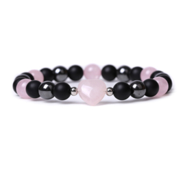 1 x Armband – rozenkwarts, hematiet en zwarte kralen – elastisch – ca. 19 cm – met hart en metalen accenten