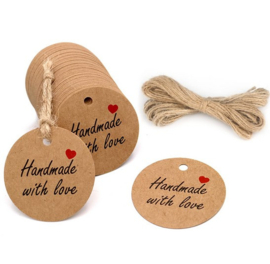 100 x stevige bruine labels prijskaartjes met jute touwtje handmade with love 30mm diameter x 0,4mm  gat 4.5mm ♥