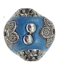 Bohemian kraal of Kashmiri kraal blauw met zilver, 17 mm, gat 1,2 mm