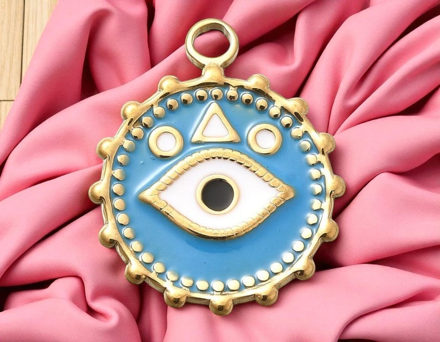 1 x RVS 304 Ion Plating (ip) ronde bedel met evil eye blauw, goud kleur 21,5 x 18 x 2mm oogje 2,5mm