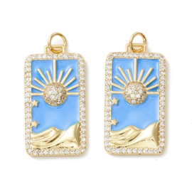 1 x Bedel emaille rechtoek blauw zon 18K gold plated Afm: 27 x 14 x 3,5mm  Ø3,4mm (Nikkelvrij)