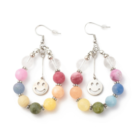 1 paar RVS oorbellen met gemixte edelsteen kralen met 201 RVS smiley's en 304 RVS haakjes en draad