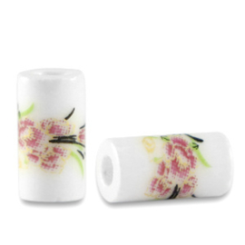 10 x Kralen keramiek tubes White-heather pink