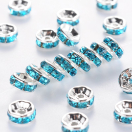 25 x Metalen Kristal Rondellen zilver kleur 6 x 3mm gat: 1mm Aquamarine  (Nikkelvrij)