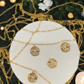 1 x Ion Plating (IP) RVS 201 Maan, zon sterren Bedeltje Real 18K Gold Plated, 23,5 x 20 x 2,5mm, Oogje: 2mm