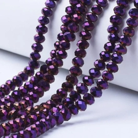 1 x Streng glaskralen facet rondelle briolette kristal 8 x 6mm gat 1mm, Purple Plated