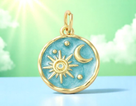 Bedel medium Turquoise emaille met zon en maan, 18K Gold plated 15 x 13 x 2mm oogje 3,4mm