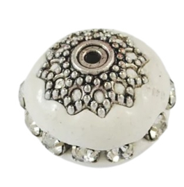 Handgemaakte Bohemian kraal, Kashmiri kraal 16~18 x 15~16 mm ingelegd met metaal en strass Gat: 2mm wit