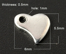10 stuks RVS blanco kleine bedeltjes hartje Platinum kleur 6 x 5,5 x 0,5mm gat: 1mm