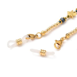 1 x RVS brillenkoord met jade kralen 700 mm – teal / goudkleur