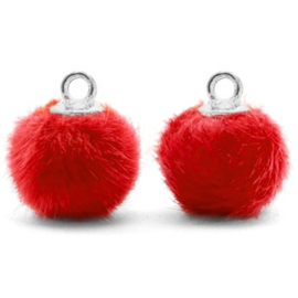 2 x Pompom bedels met oog faux fur 12mm Siam red-silver