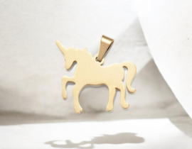 1 x RVS 304 Paard Eenhoorn bedel laser cut  20 x 21 x 1,5mm, Goud kleur, met bails hanger:  3 x 5mm
