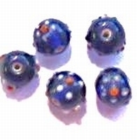 5 x  Glaskraal India rond blauw met bloemmotief 14 mm