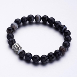 Armband met elastiek met agaat edelsteen kralen 8mm en een antiek zilveren buddha kraal