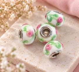 1 x Glaskraal European-style 14 mm – wit/groen met roze roosjes