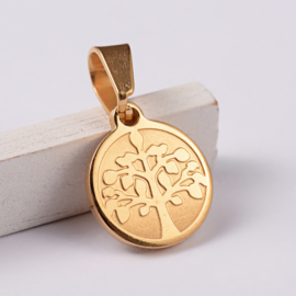 1 x RVS 304 Tree of life bedel Goud kleur,  12 x 14 x 1,5mm met bails hanger:  7 x 4mm