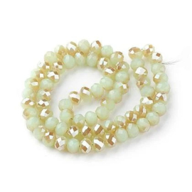 1 x Streng met ca. 95 glaskralen facet rondelle briolette kristal – 6 x 4 mm – gat 1 mm – Dark Sea Green AB Plated