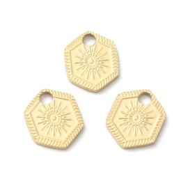 1 x  Ion Plating (IP) chirurgisch staal RVS 316L bedel Hexagon met zon Real 18k Gold Plated, 7 x 8,2 x 1mm oogje 1,5mm
