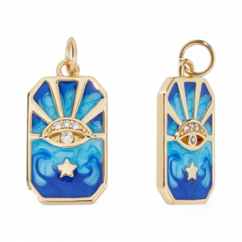 1 x Bedel emaille rechtoek blauw oog ster 18K gold plated Afm: 19 x 10,5 x 2,5  Ø3,6mm (Nikkelvrij)